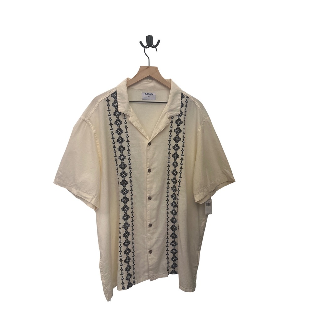 Old Navy Mens XXL Linen Blend Embroidered Camp Shirt‎ Short Sleeve Button Up